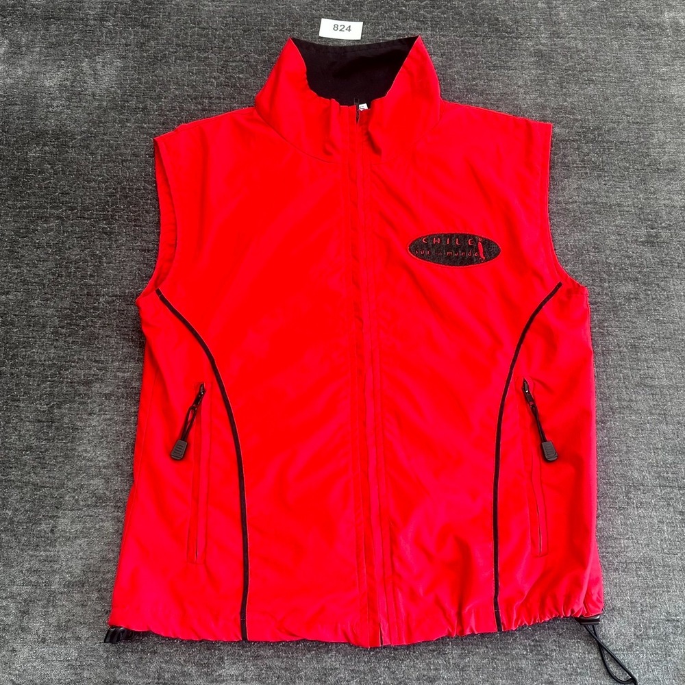 TOC'S Zip-Up Vest Womens L Red Mesh Lined Chile Sur Mundo Patch Label Mock Neck
